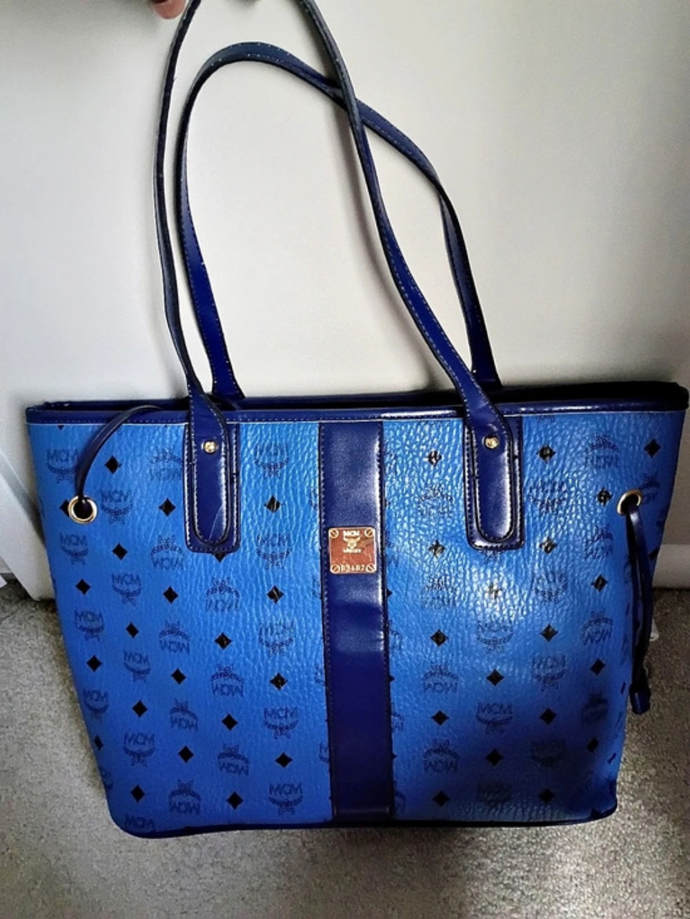 MCM Blue Logo Print Tote with Pouch